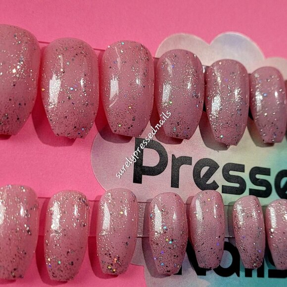 Shimmer Light Pink Princess Short Coffin Shaped Press on Nails - Picture 2 of 3